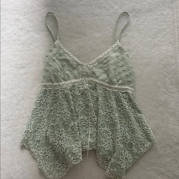 Kirious Los Angeles Lace Trim Sage Green Spaghetti Strap Tank - Picture 2 of 6